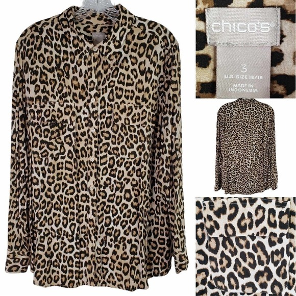 Chicos Button Up Shirt Womens Size 3 US XL 16 Animal Print LS Modal Rayon - Picture 1 of 8